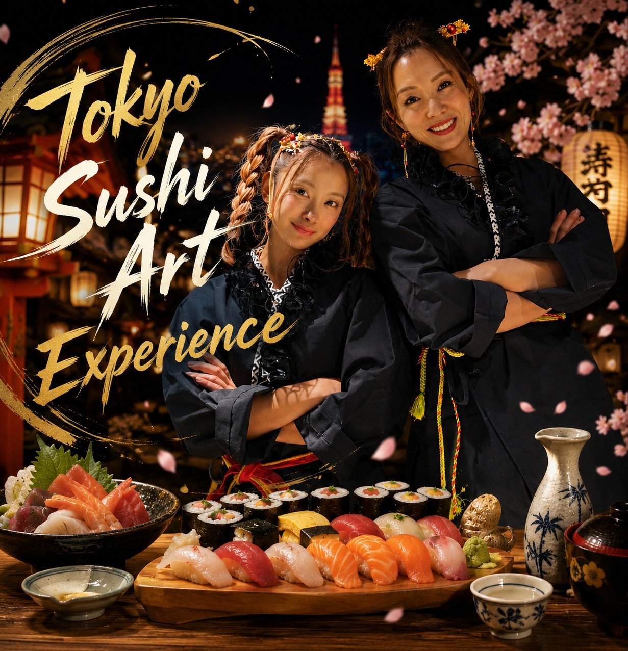 Tokyo Sushi Art Experience - 着物姿の寿司職人2名と桜・東京タワー・寿司盛り合わせ